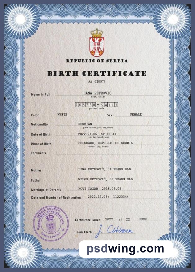 Serbia Vital Record Birth Certificate PSD Template